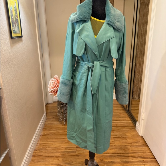 Forever 21 Jackets & Blazers - Forever 21 Aqua Trench Coat with Faux Fur
